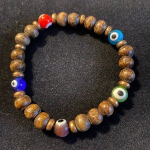 Beautiful! Custom Made Wood & 4 Glass Beads Stretch Bracelet Multi-colored~7.5"